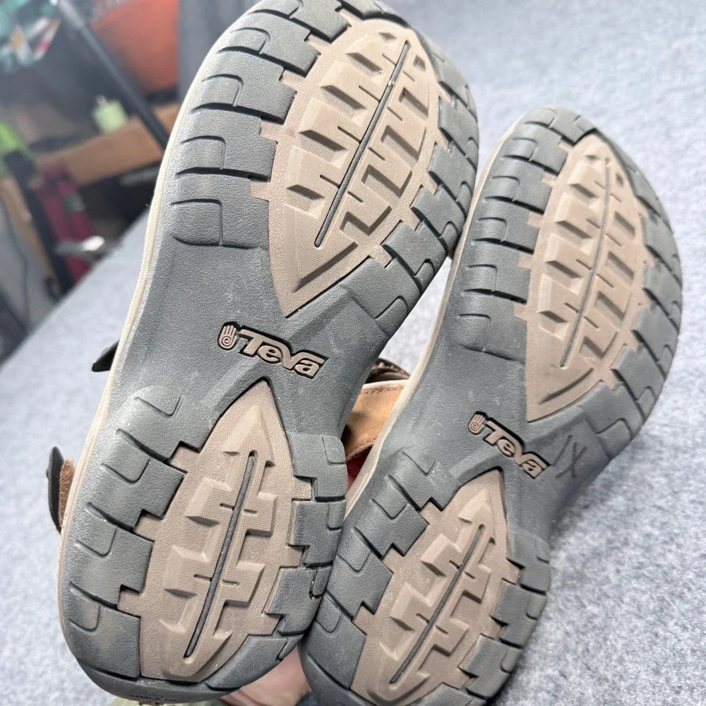 Teva Tanza Leather Sport Sandals Mens 9 Brown Hiking Trail Shoc Pad 1002263